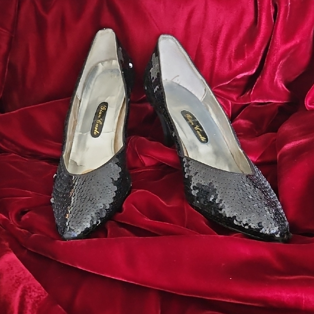 Black Sequin High Heels with Pointed Toe